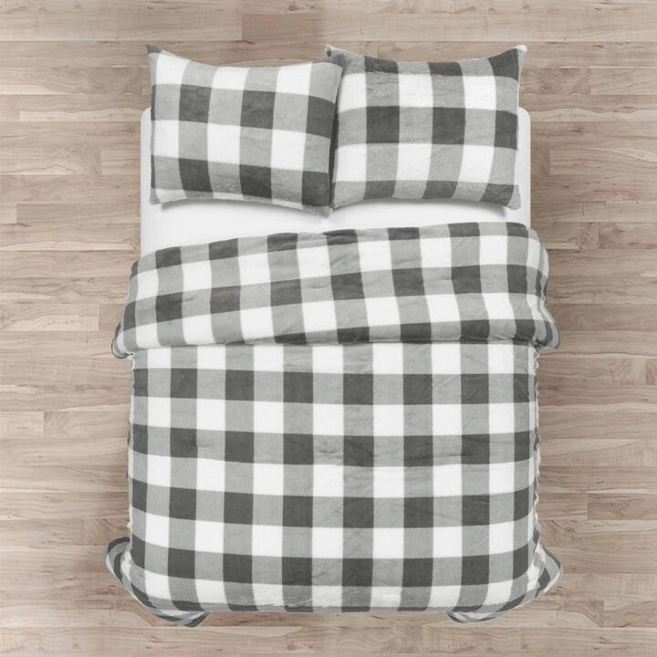 Hivvago Full/Queen Size Plaid Soft Faux Fur Comforter Set in Black White Grey