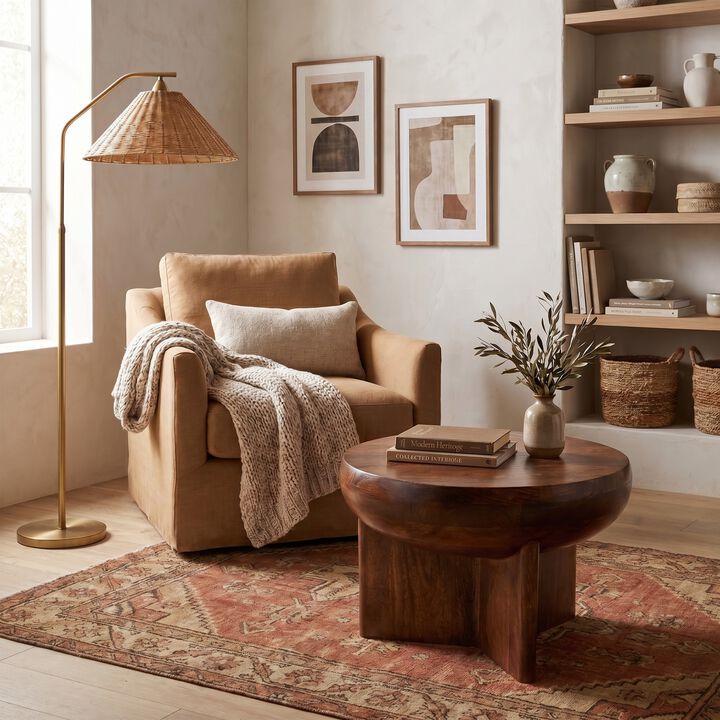 Semi-Sphere Mango Wood End Table with Solid Legs, Walnut Finish
