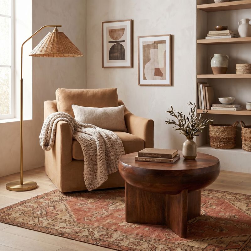 Semi-Sphere Mango Wood End Table with Solid Legs, Walnut Finish image number 1