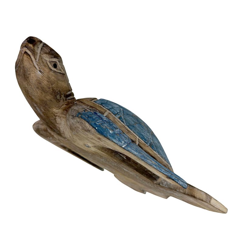 Sea Turtle Statue Hand Carved Wood Blue Coastal Decor 12in Tabletop Art image number 2
