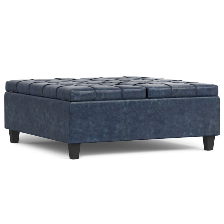 Harrison 40 inch Wide Transitional Square Large Coffee Table Storage Ottoman in Denim Blue Vegan Faux Leather, Assembled