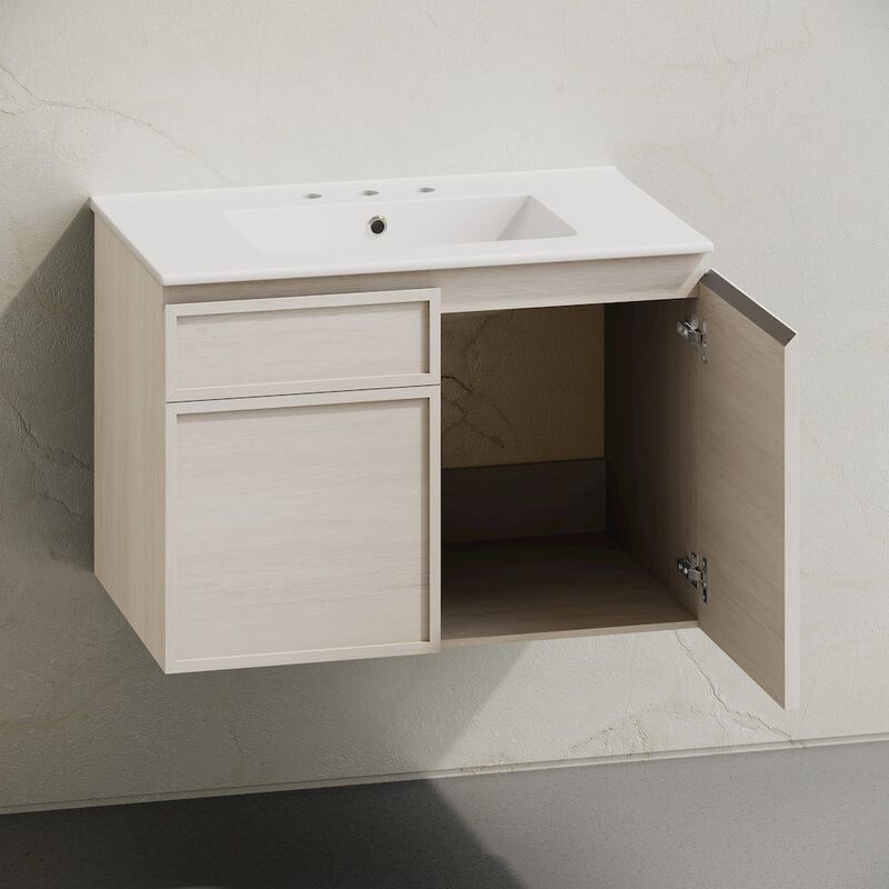 30" Wall-Mounted Bathroom Vanity in White Oak with 3-Hole Widespread Sink Top image number 3