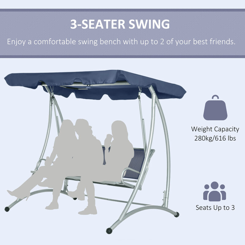 Outsunny 3-Seat Outdoor Porch Swing Chair, Patio Swing Glider with Adjustable Canopy, Breathable Seat, and Steel Frame for Garden, Poolside, Backyard, Blue