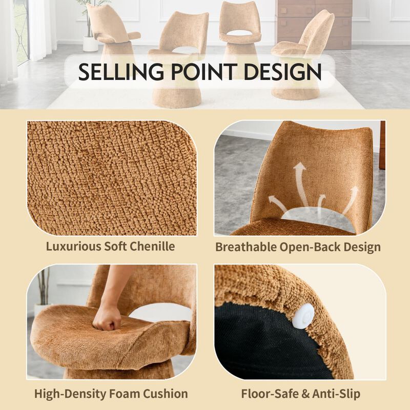 Set of 1 Swivel Dining Chair Velvet Upholstered Dining Chair with Hollow Open Back Modern Dining Chair with Metal Base and Memory Foam image number 6