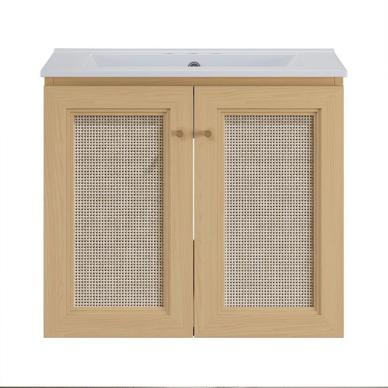 24" Wall-Mounted Bathroom Vanity, Natural Oak, Centerset Faucet Holes Vanity Top image number 0