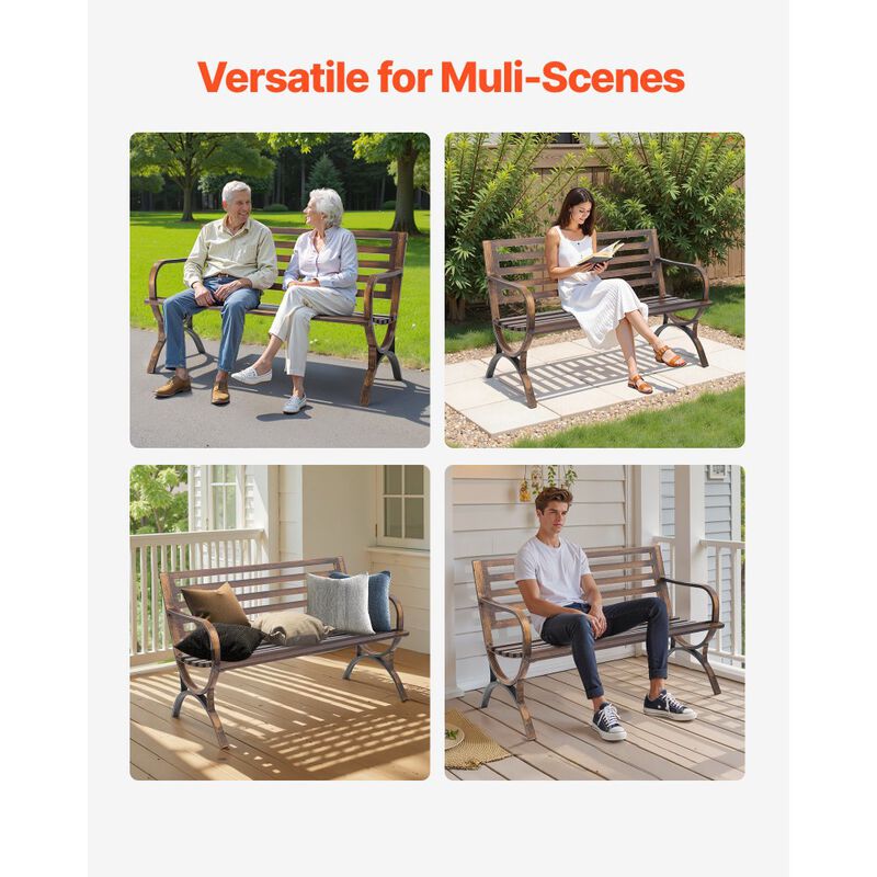Outdoor Metal Bench with Slatted Backrest, Weatherproof Patio Garden Bench Bronze image number 7