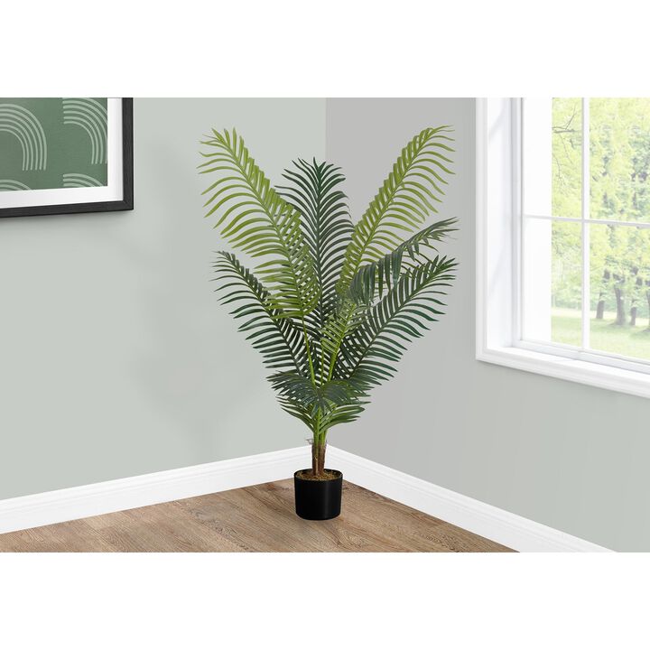Monarch Specialties I 9537 - Artificial Plant, 47" Tall, Palm Tree, Indoor, Faux, Fake, Floor, Greenery, Potted, Real Touch, Decorative, Green Leaves, Black Pot