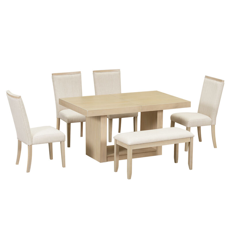 Whisen Contemporary 6-Piece Extendable Dining Table Set with Bench and 4 Upholstered Dining Chair - Natural