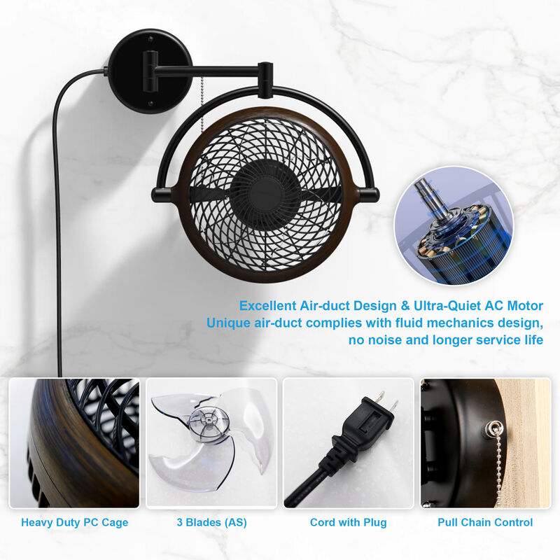 12.9 in. Walnut and Black 2-Speed Wall Mount Fan with Pull Chain and Plug