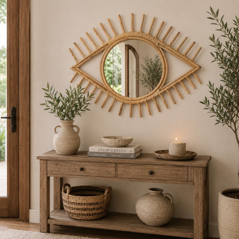 Greta Eye-Shaped Wall-Mounted Mirror, Sunburst Frame, Natural Fiber image number 8