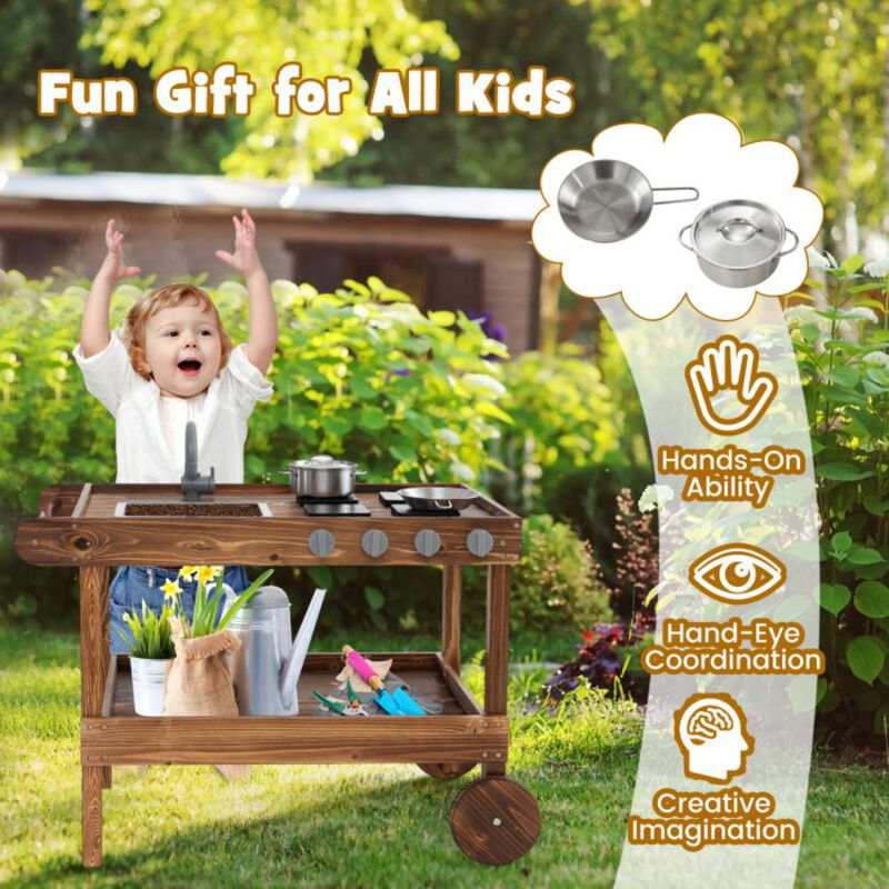 Hivvago Outdoor Movable Mud Kitchen with 2 Rolling Wheels and 1 Push Handle