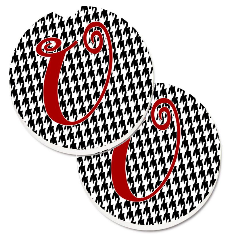 Caroline's Treasures Monogram Initial U Houndstooth black Set of 2 Cup Holder Car Coasters CJ1035-UCARC, 2.56, Multicolor