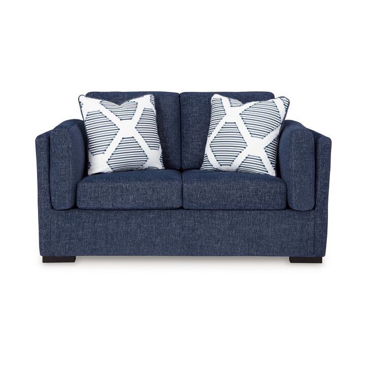 Marcy Loveseat with 2 Throw Pillows, Navy Blue Polyester 66 Inch - Benzara