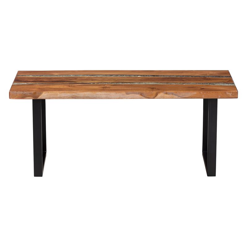 bali & pari Apio Wood Epoxy Resin Coffee Table with Glass Inlay - Rectangular Live Edge Teak wood Accent Table with Black Metal Base, Modern Rustic Centerpiece image number 2