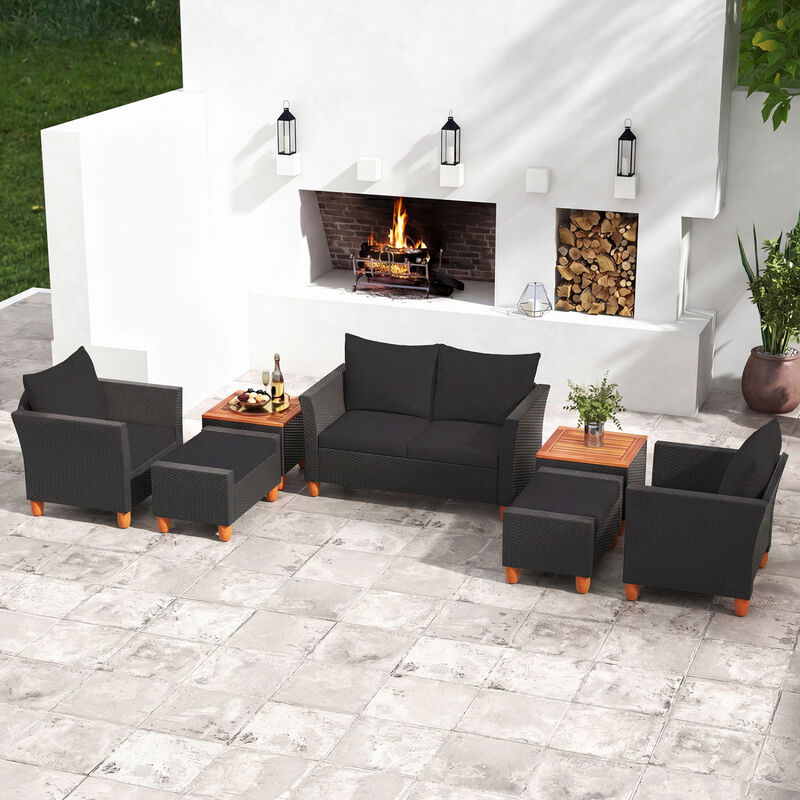 7-Piece Black Patio Furniture Set PE Rattan Sofa with Armchairs and Table image number 2