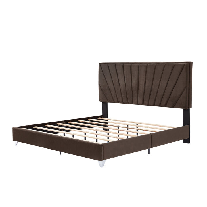 B108 King bed with two nightstands, Beautiful line stripe cushion headboard, strong wooden slats + metal legs with Electroplate