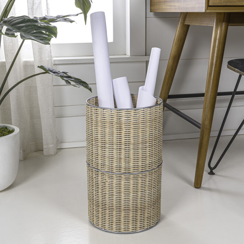 Cecil Modern Faux Wicker Cylinder Waste Basket