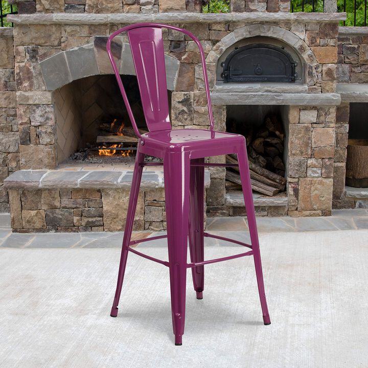 Flash Furniture Commercial Grade 30" High Purple Metal Indoor-Outdoor Barstool with Back