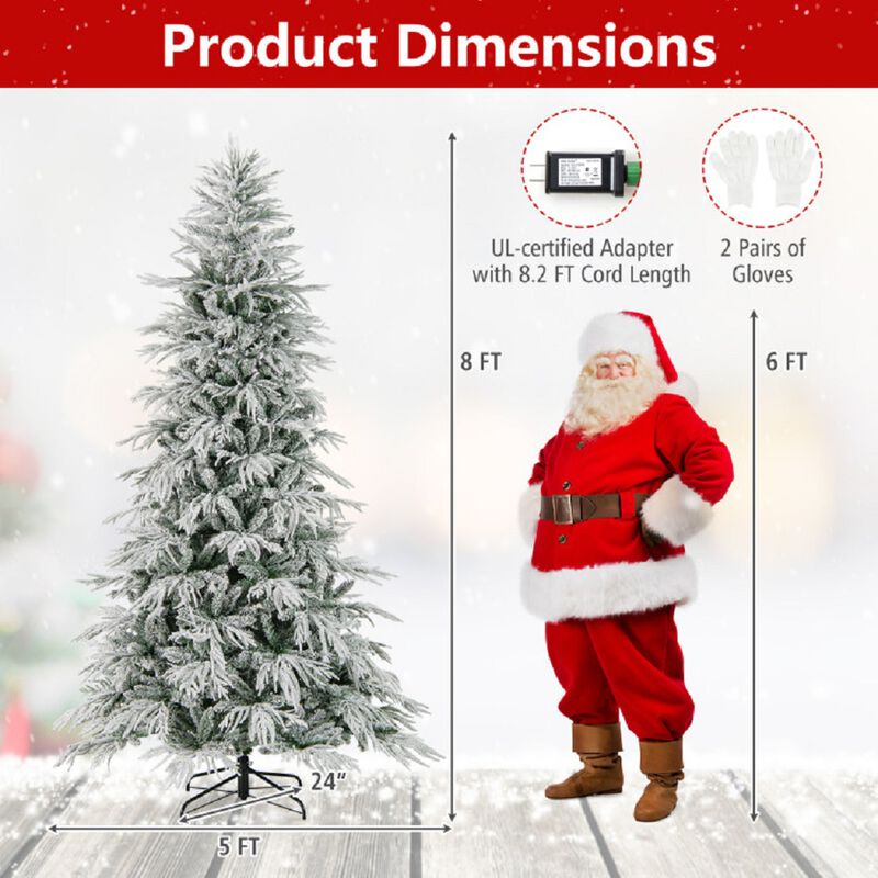 8 Feet Pre-Lit Snow-Flocked Xmas Tree with Hinged Branches and Warm White LED Lights image number 2
