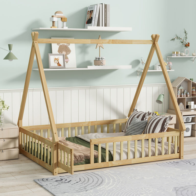 Whisen Wooden Teepee Tent Bed with Guardrails and Slats, Full Floor Bed with Door for Kids image number 1