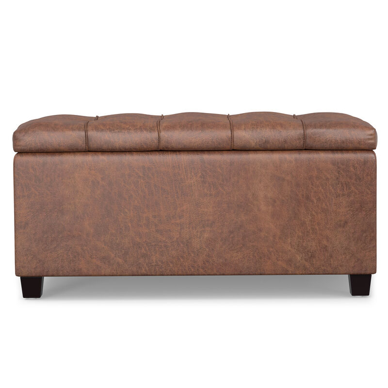 Sienna 33 inch Wide Transitional Rectangle Storage Ottoman Bench in Distressed Saddle Brown Vegan Faux Leather, Assembled