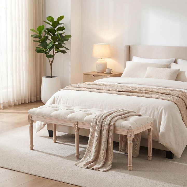 Envelor French Tufted Linen Entryway Bench with Wood Legs, 47.2 in.