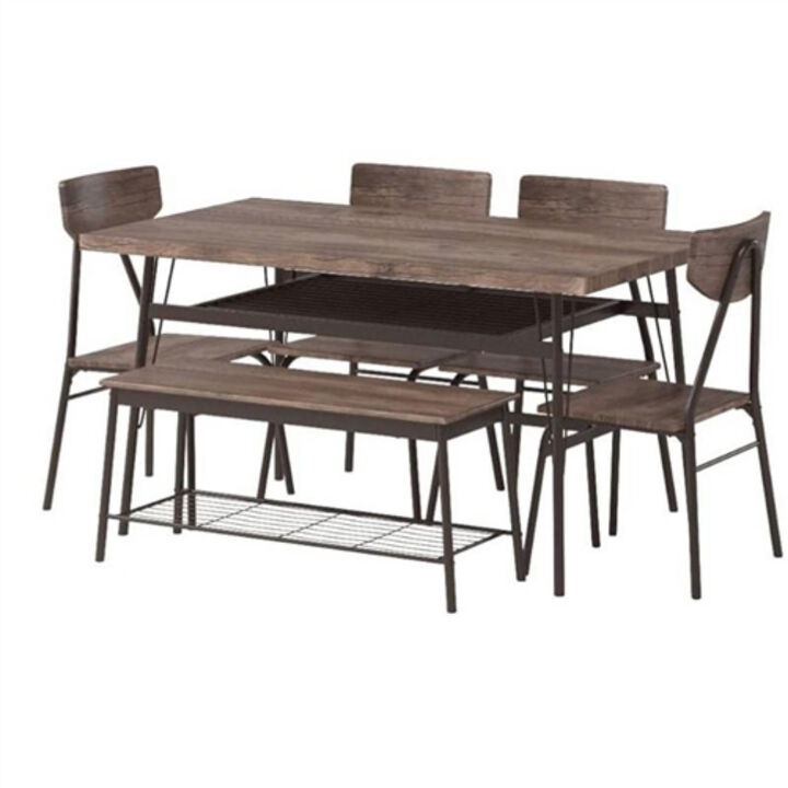 Modern 6-Piece Dining Set with Wood Top Table 4 Chairs and Storage Bench