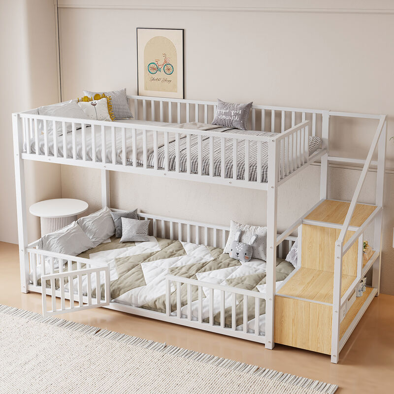 Merax Low-Profile Twin Over Twin Metal Bunk Bed with Storage Ladder image number 3