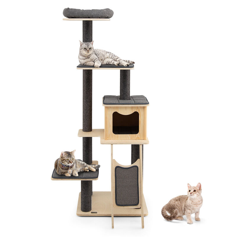 5-Tier Modern Wood Cat Tower with Washable Cushions-Grey