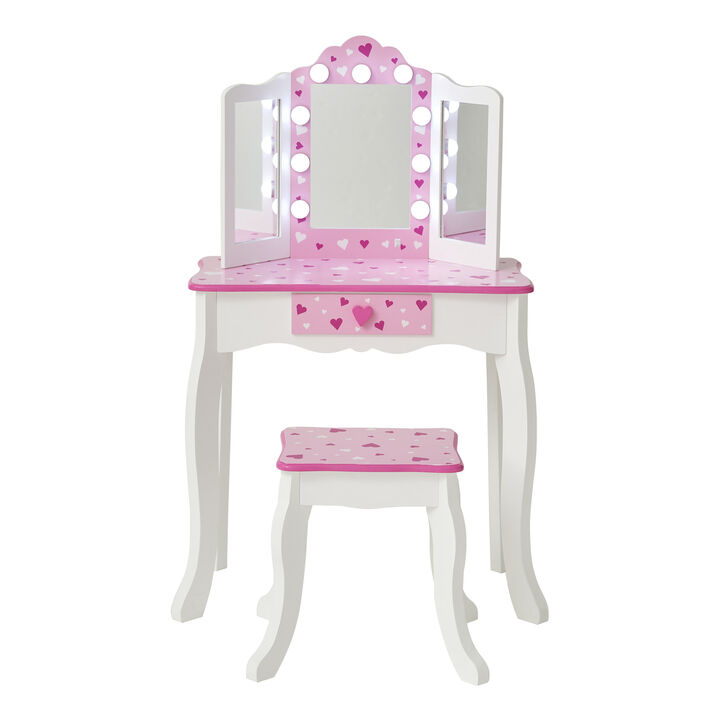 Gisele Sweethearts Kids Vanity Table & Stool w/ LED, White & Pink