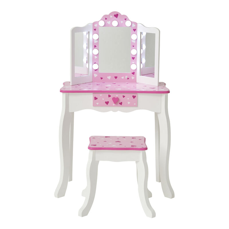 Gisele Sweethearts Kids Vanity Table & Stool w/ LED, White & Pink image number 0
