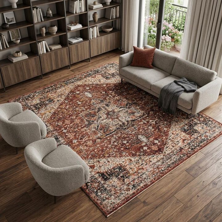 HomeRoots 7' X 10' Red Ivory And Black Abstract Distressed Area Rug With Fringe
