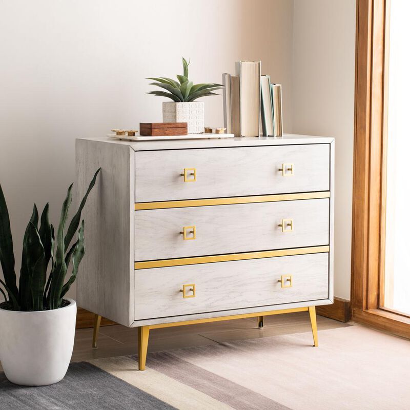 Safavieh Katia 3 Drawer Chest, White Wash/Gold