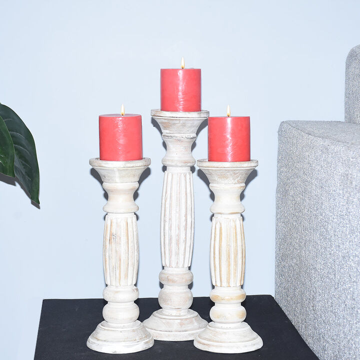 Traditional Antique White Eco-friendly Handmade Mango Wood Set Of Three 12",15" & 12" Pillar Candle Holder