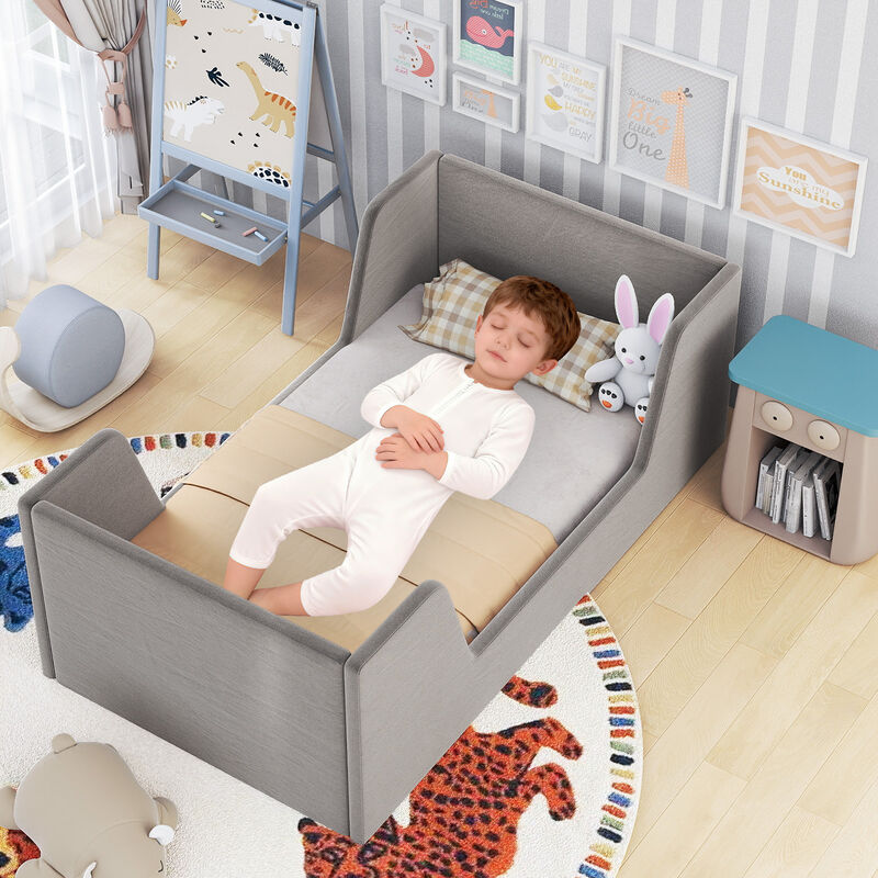 Velvet Upholstered Toddler Bed Frame with Protective Safety Rails image number 4