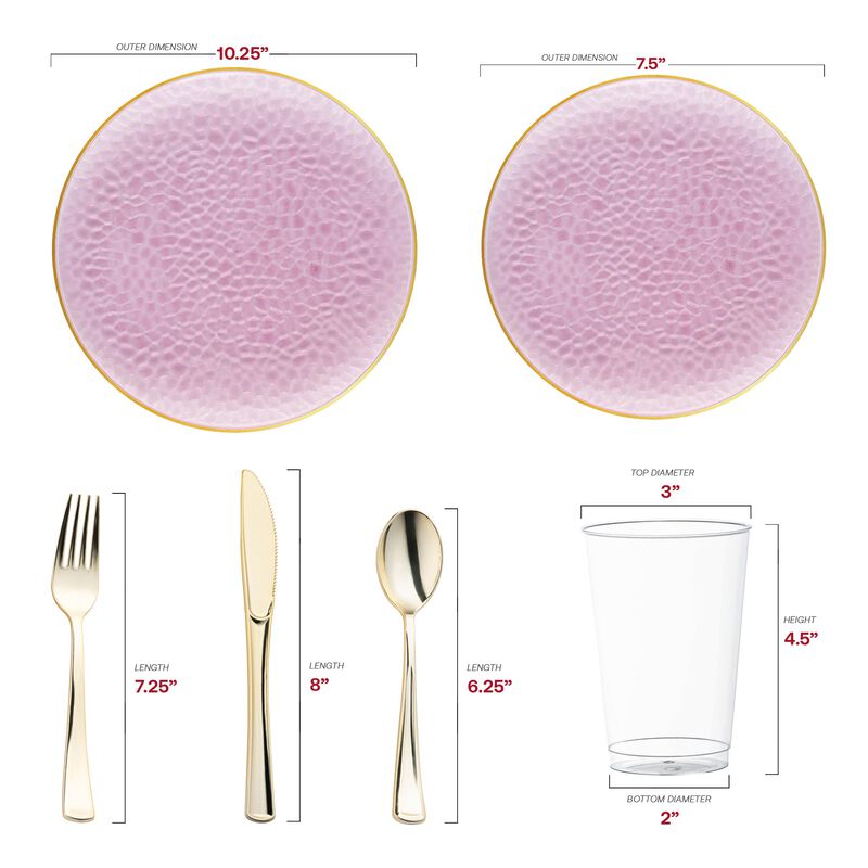 Clear Pink with Gold Rim Hammered Glass Plastic Wedding Value Set (60 Sets) image number 2