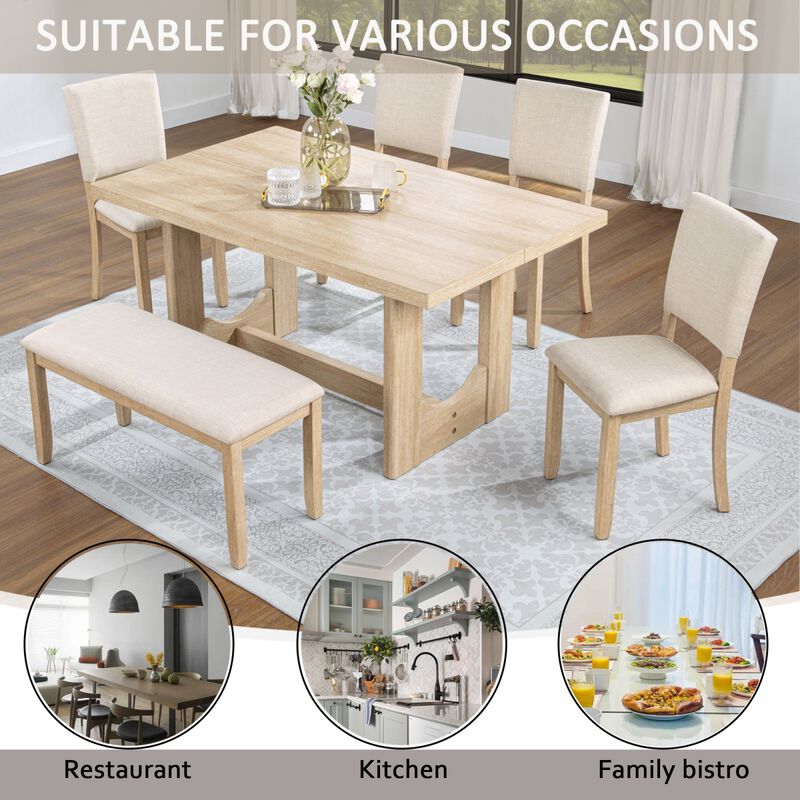 6 Piece Dining Table Set with Bench, rectangular dining table set with bench and 4 chairs, modern wooden dining table set for kitchen image number 4