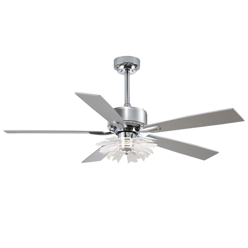 52" Modern Chrome Dimmable Reversible Ceiling Fan with Lotus-shaped Light Guide Plate and Remote