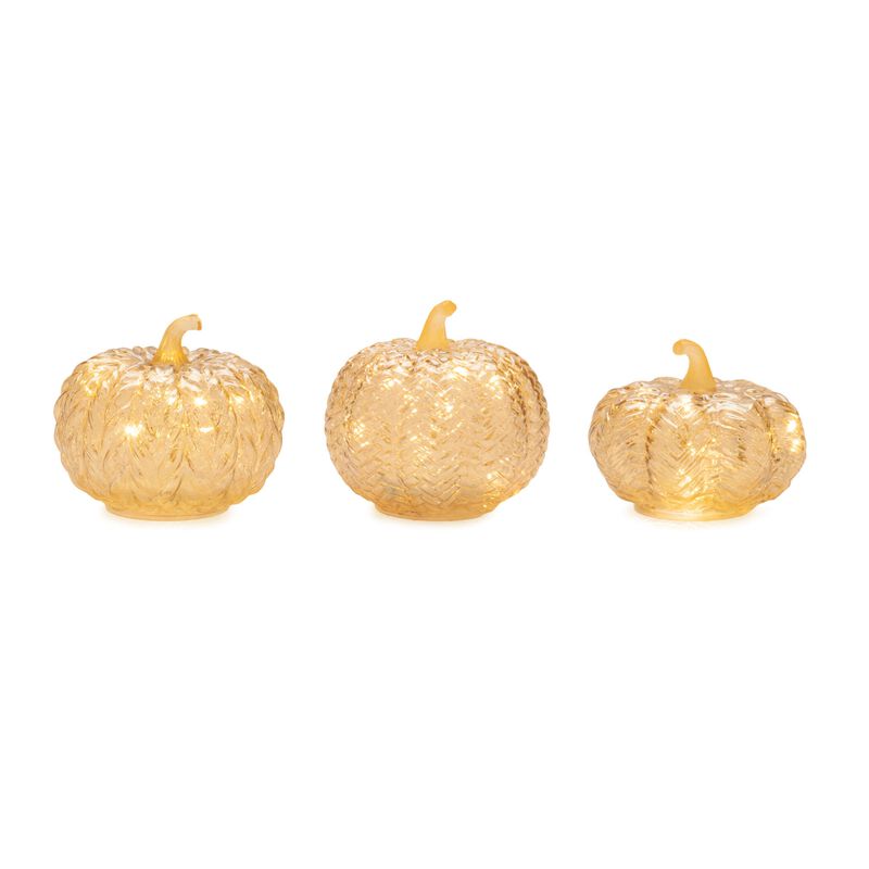 Set of 3 Light-Up Mercury Glass Pumpkins for Festive Fall or Thanksgiving Decor