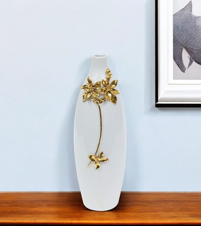 HomeRoots 18" Gold Floral Oval Ceramic Table Vase With Sculptural Details