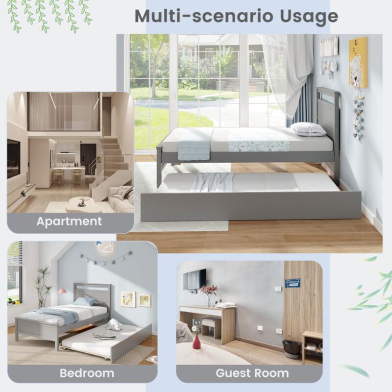 Hivvago Twin Size Wooden Bed Frame with Trundle for Teens and Adults