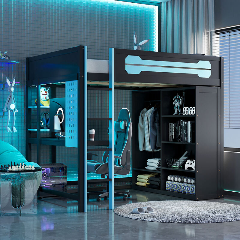 Merax Full Size Gaming Loft Bed with Desk, Wardrobe & RGB Lights image number 2