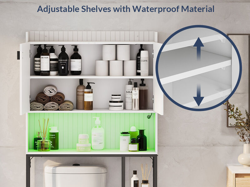 BELLEZE Over The Toilet Storage Cabinet with LED Light, Freestanding Above Toilet Rack with Adjustable Shelf, Bathroom Space Savers Anti-Tipping Device Included - Murano (White)