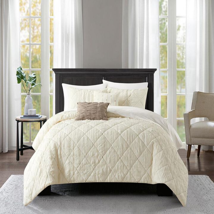 Chic Home Leighton Comforter Set Diamond Stitched Design Crinkle Textured Pattern 9 Piece Beige