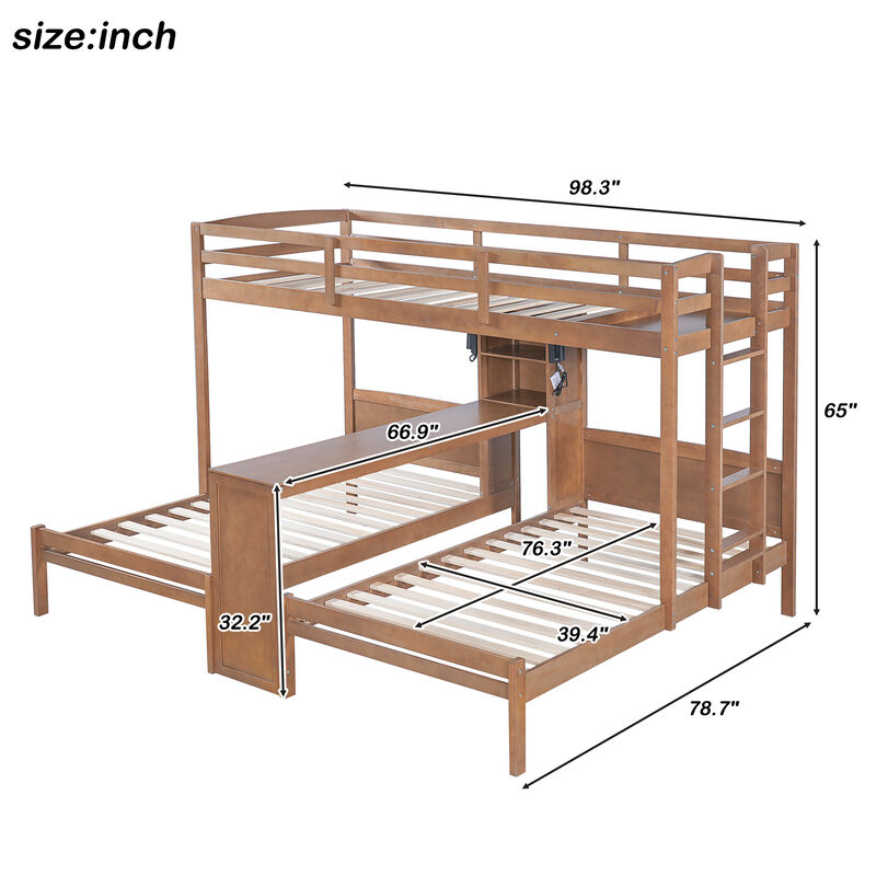 Merax Twin over Twin&Twin Bunk Bed with Built-in Desk and Storage Shelves image number 4