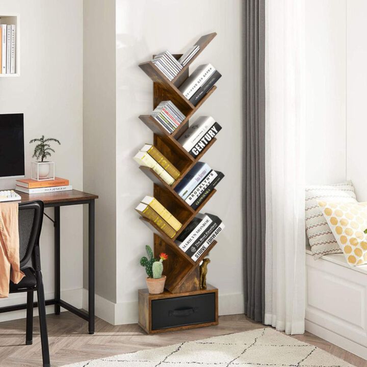 Hivago 10-tier Tree Bookshelf with Drawer Free-standing Storage Bookcase