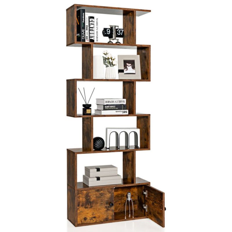 Hivago 6-Tier S-Shaped Freestanding Bookshelf with Cabinet and Doors