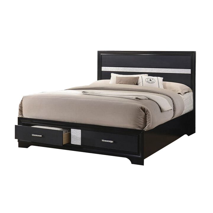Wooden Eastern King Size Bed with 2 Storage Drawers, Black and Silver-Benzara