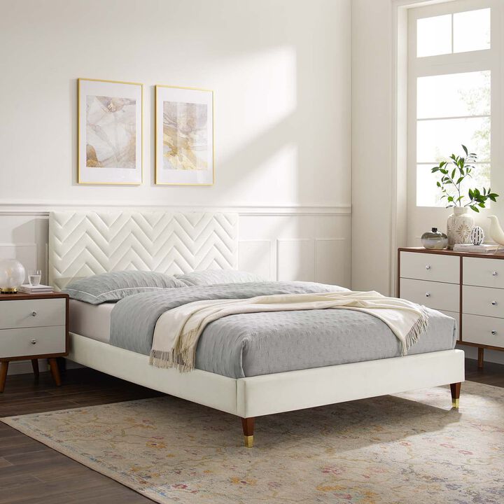 Modway MOD-6969-WHI Leah Chevron Tufted Performance Velvet Queen Platform Bed, White