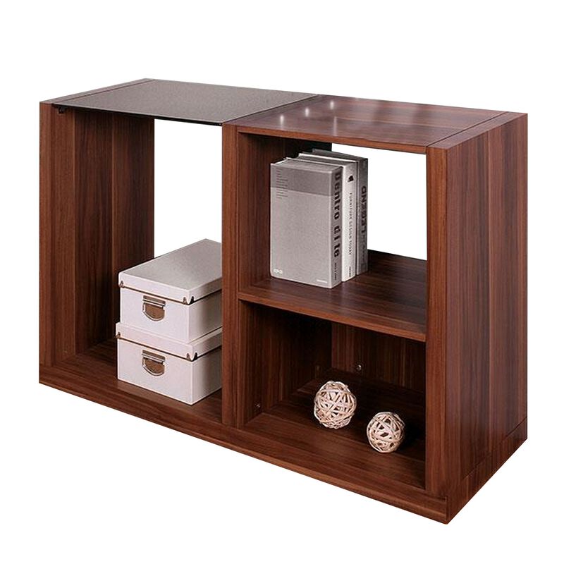 Bere 47 Inch Sofa Table with Black Glass Top, Open Shelves, Brown Wood